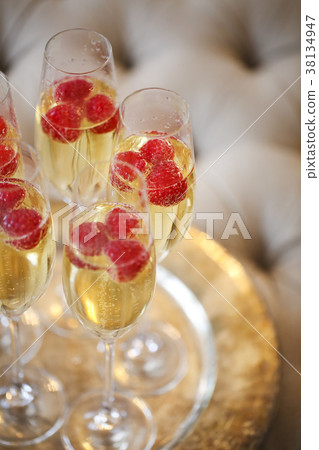 Champagne glasses on silver tray. Party concept 38134947