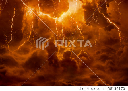 Hell realm, lightnings in red sky, judgement day Hell realm, lightnings in red sky, judgement day 38136170