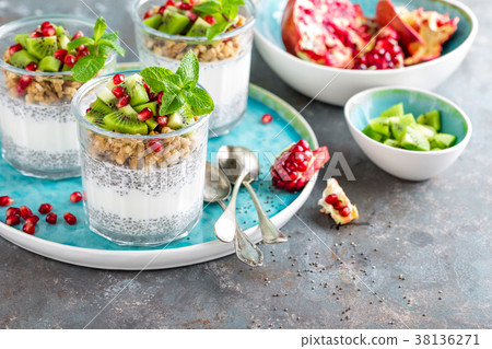 Layered chia pudding parfait with kiwi fruit 38136271
