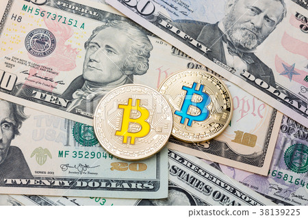 Dollar banknote background with golden bitcoins. Dollar banknote background with golden bitcoins. 38139225