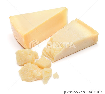 Piece of parmesan cheese on white background Piece of parmesan cheese on white background 38140014