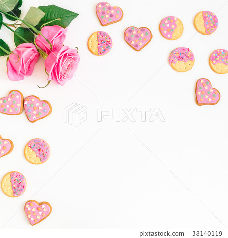 Frame of Gingerbread cookies with pink glaze 38140119