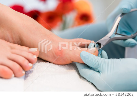 Close-up of the hands of a pedicurist wearing 38142202