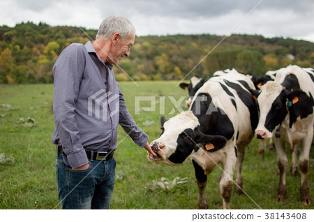 Side View of Senior Farmer Proudly Looking at His 38143408