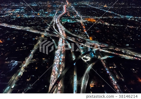 Aerial view of a massive highway in Los Angeles 38146214