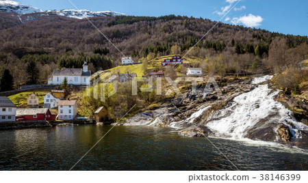 Hellesylt village and waterfall, Norway 38146399