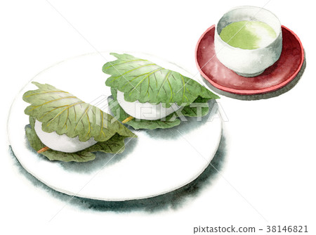 在水彩繪的草莓和茶 38146821