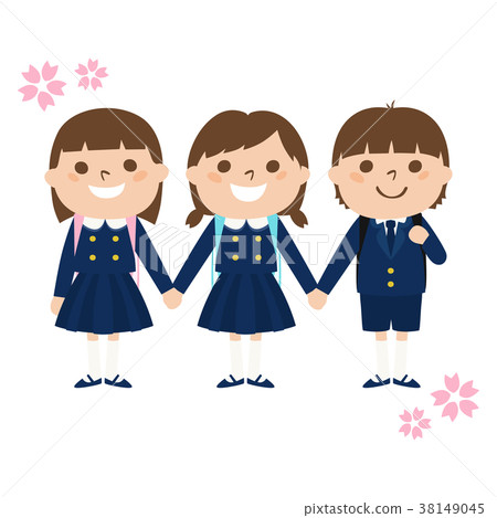 Illustrations of children holding hands together. Girls and boys in uniforms entering the new semester. Illustrations of children holding hands together. Girls and boys in uniforms entering the new semester. 38149045