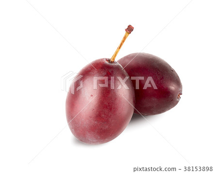 Berry of plums with green tail. Fresh fruit, plum Berry of plums with green tail. Fresh fruit, plum 38153898