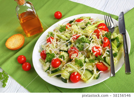 fresh pasta salad on a plate, close-up 38156546