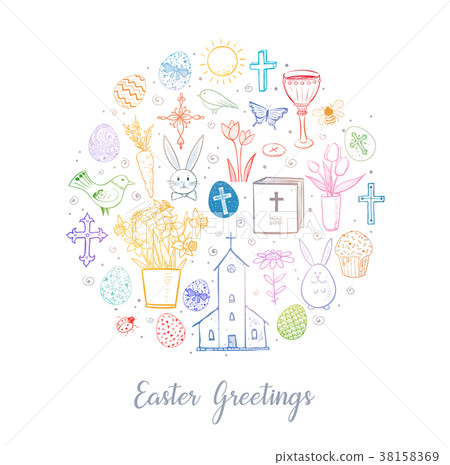 Greeting card with colored easter doodles in 38158369