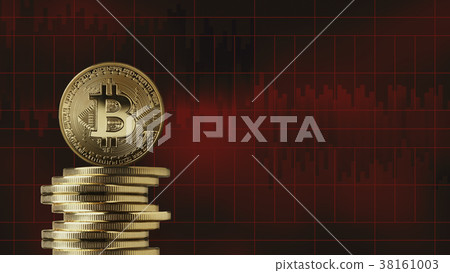 Stack of gold coins bitcoin on a red background Stack of gold coins bitcoin on a red background 38161003