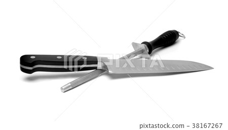 Black kitchen knife and sharpener on the white 38167267