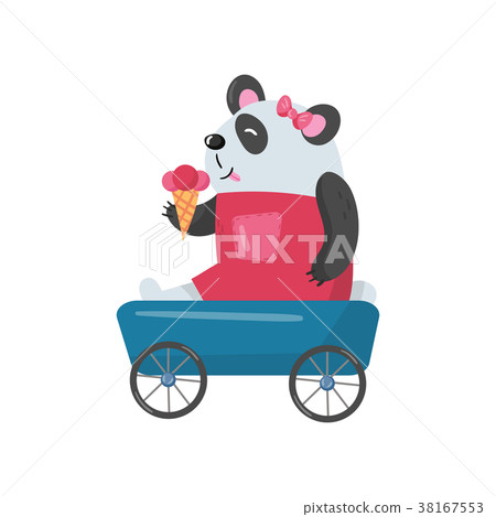 Baby Girl Panda Sitting In Toy Wagon And Eating Stock Illustration