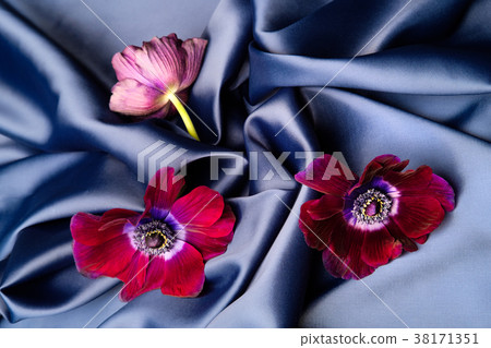 Violet flowers lie on a blue shiny silk wavy 38171351