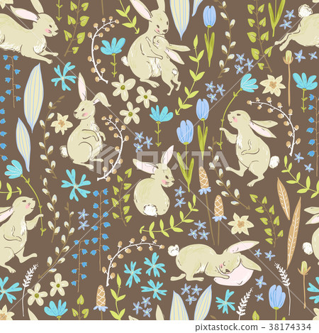 Vector sweet bunnies, flowers and branches, Easter Vector sweet bunnies, flowers and branches, Easter 38174334
