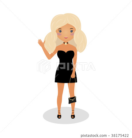 Young blonde girl wearing a little black dress. 38175422