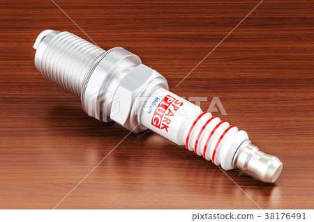 Spark plug on the wooden table. 3D rendering Spark plug on the wooden table. 3D rendering 38176491
