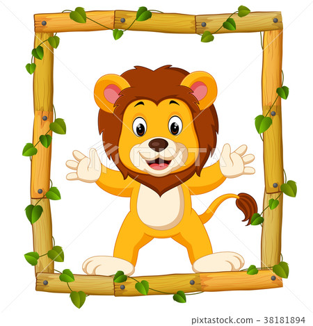 Lion on the wood frame with roots and leaf 38181894