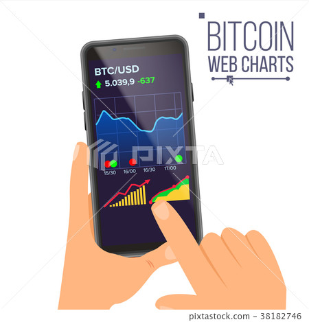 Bitcoin Web Charts Vector. Hand Holding Smartphone 38182746