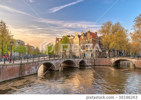 Amsterdam sunset city skyline canal, Netherlands 38186263