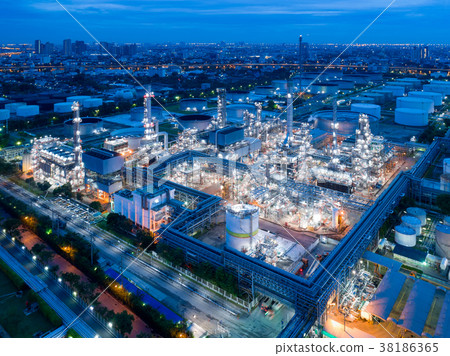 Aerial view of twilight of oil refinery Aerial view of twilight of oil refinery 38186365
