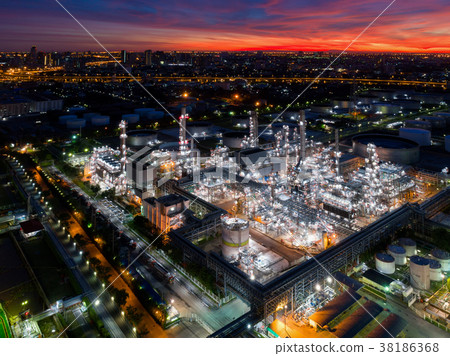 Aerial view of twilight of oil refinery Aerial view of twilight of oil refinery 38186368