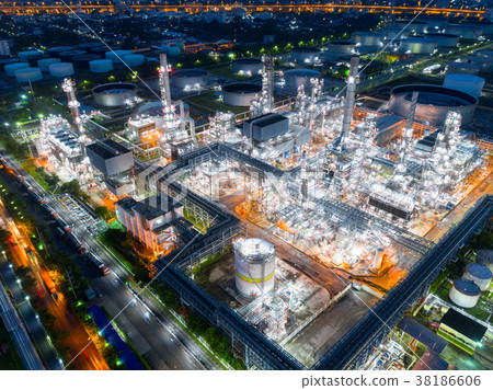 Aerial view of twilight of oil refinery Aerial view of twilight of oil refinery 38186606