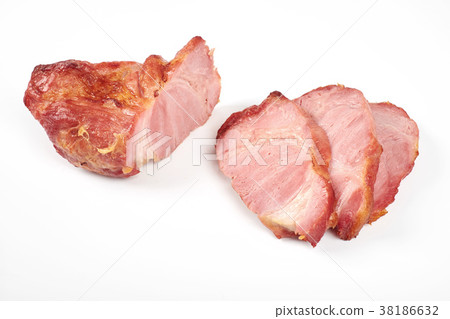 roasted pork slices isolated on white background roasted pork slices isolated on white background 38186632