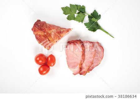 roasted pork slices and tomatoes isolated on white roasted pork slices and tomatoes isolated on white 38186634
