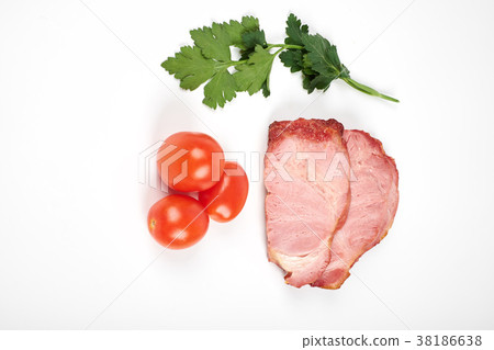 roasted pork slices and tomatoes isolated on white 38186638