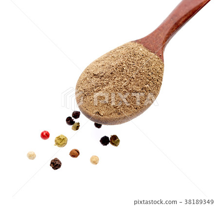Shichimi pepper in Wooden spoon on white 38189349