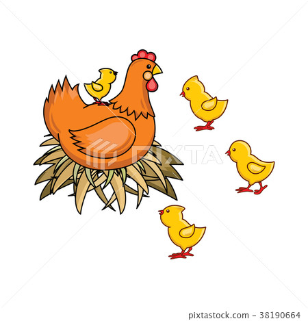 vector flat hand drawn chicken in nest, chicks set vector flat hand drawn chicken in nest, chicks set 38190664