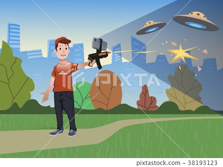 Augmented reality games. Boy with AR gun playing a 38193123