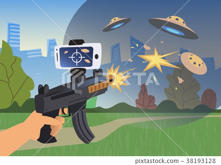 Augmented reality games. Boy with AR gun playing a 38193128