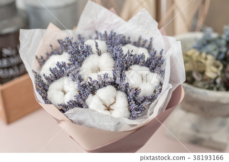 beautiful bouquet lavender and cotton, on table beautiful bouquet lavender and cotton, on table 38193166