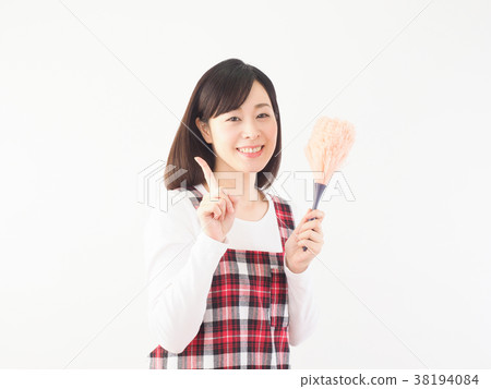 Laughing woman holding handy mop Laughing woman holding handy mop 38194084