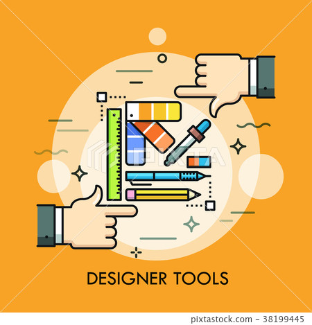 Color palette, pen, pencil, ruler, eraser and two - Stock Illustration ...