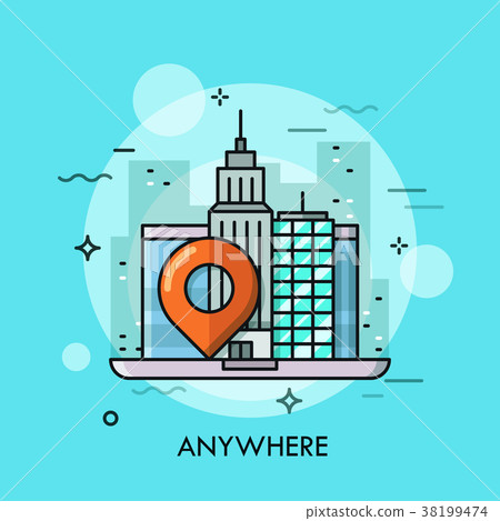 City center with skyscrapers, laptop screen and 38199474