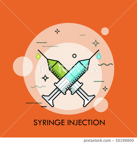 Pair of crossed syringes and drops of colorful 38199800