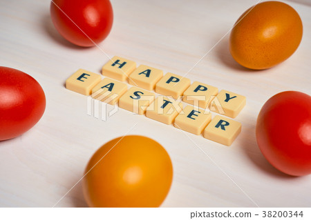 Easter decoration with colored eggs and text Easter decoration with colored eggs and text 38200344