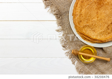 Stack of pancakes on a plate. Rustic style.  38208476