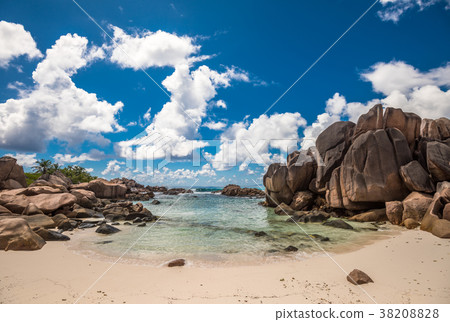 Tropical beach on La Digue island, Seychelles 38208828