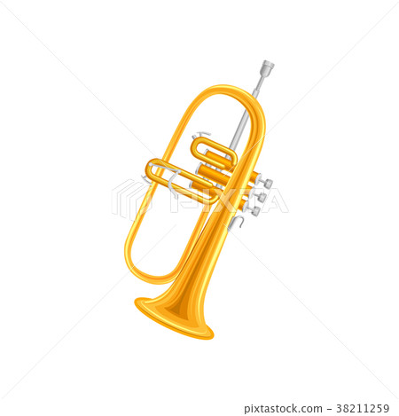 Golden trumpet in flat style. Large brass wind Golden trumpet in flat style. Large brass wind 38211259