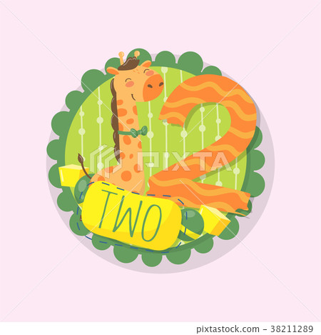 Round emblem with funny giraffe and number two 38211289