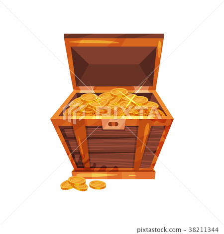 Open pirate chest full of golden coins. Shiny 38211344
