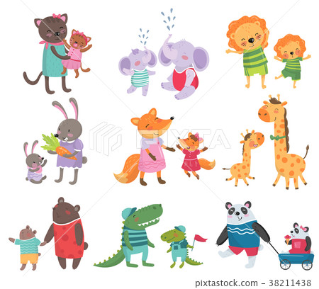 Cartoon set of cute animal family portraits. Cats - Stock Illustration  [38211438] - PIXTA