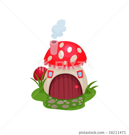 Cartoon hobbit house in form of mushroom with red 38211471
