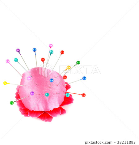 Pillow for needles and set of pins isolated 38211892