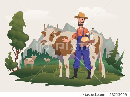 A cow and farmer in a meadow, Alpine landscape 38213039